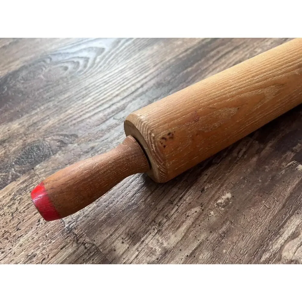 Vintage Wooden Rolling Pin with Red Handles, Rustic Farmhouse Kitchen Decor